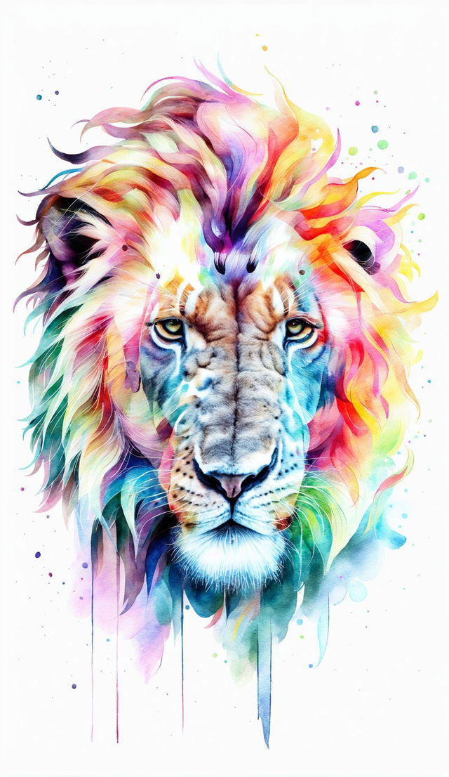 A watercolour portrait of a majestic lion in a pastel colour palette.