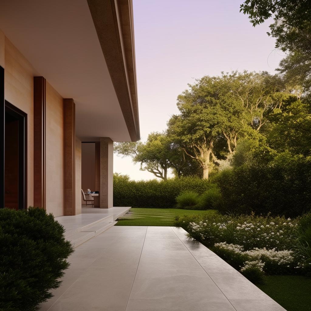 exquisite interior hallway leading out exterior of two-floor mansion