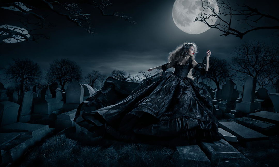 A beautiful young woman in a Rococo-style black wedding dress, with long wild black hair and red lips, dances ethereally in an ancient graveyard