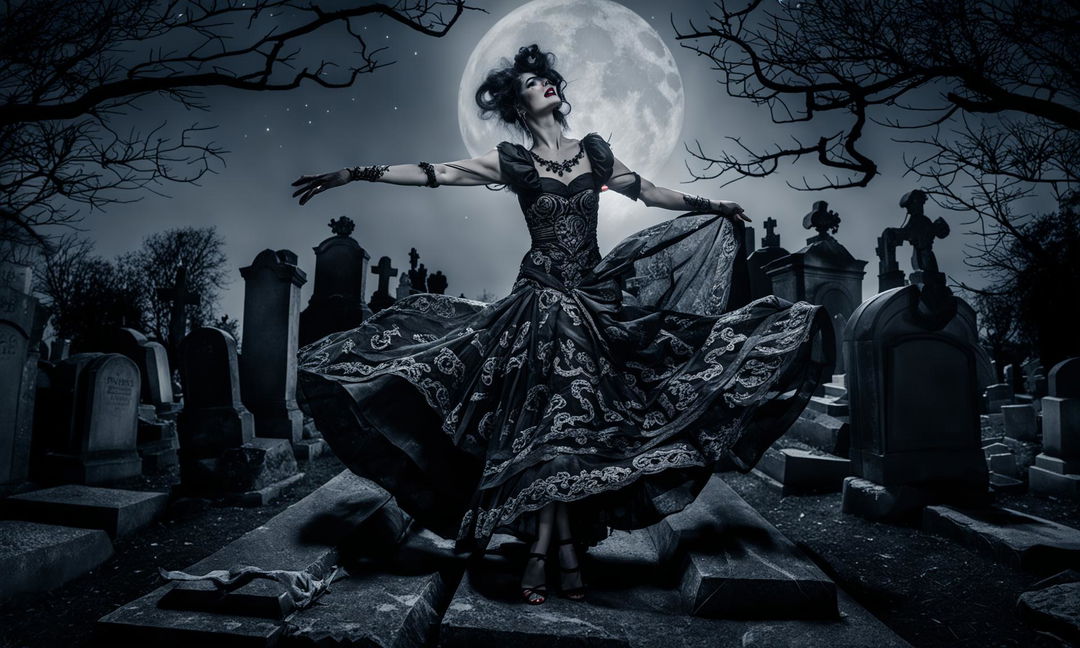 A beautiful young woman with symmetrical facial features, in a Rococo-style black wedding dress, with long wild black hair and red lips, dances ethereally in an ancient graveyard