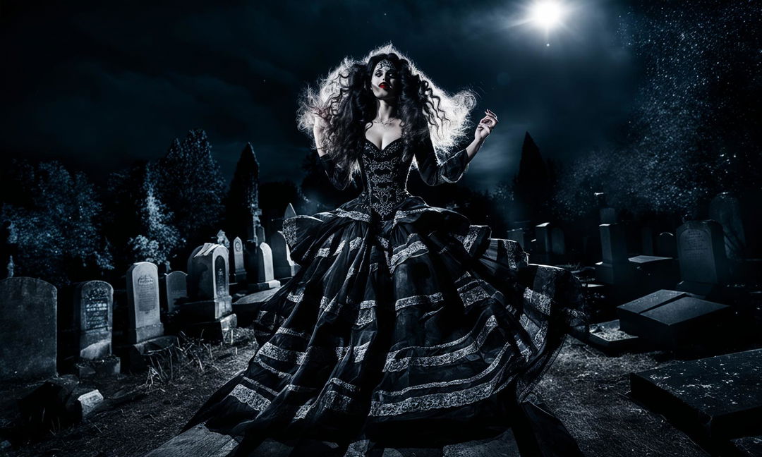 A beautiful young woman with symmetrical facial features in a Rococo-style black wedding dress dances ethereally in an ancient graveyard