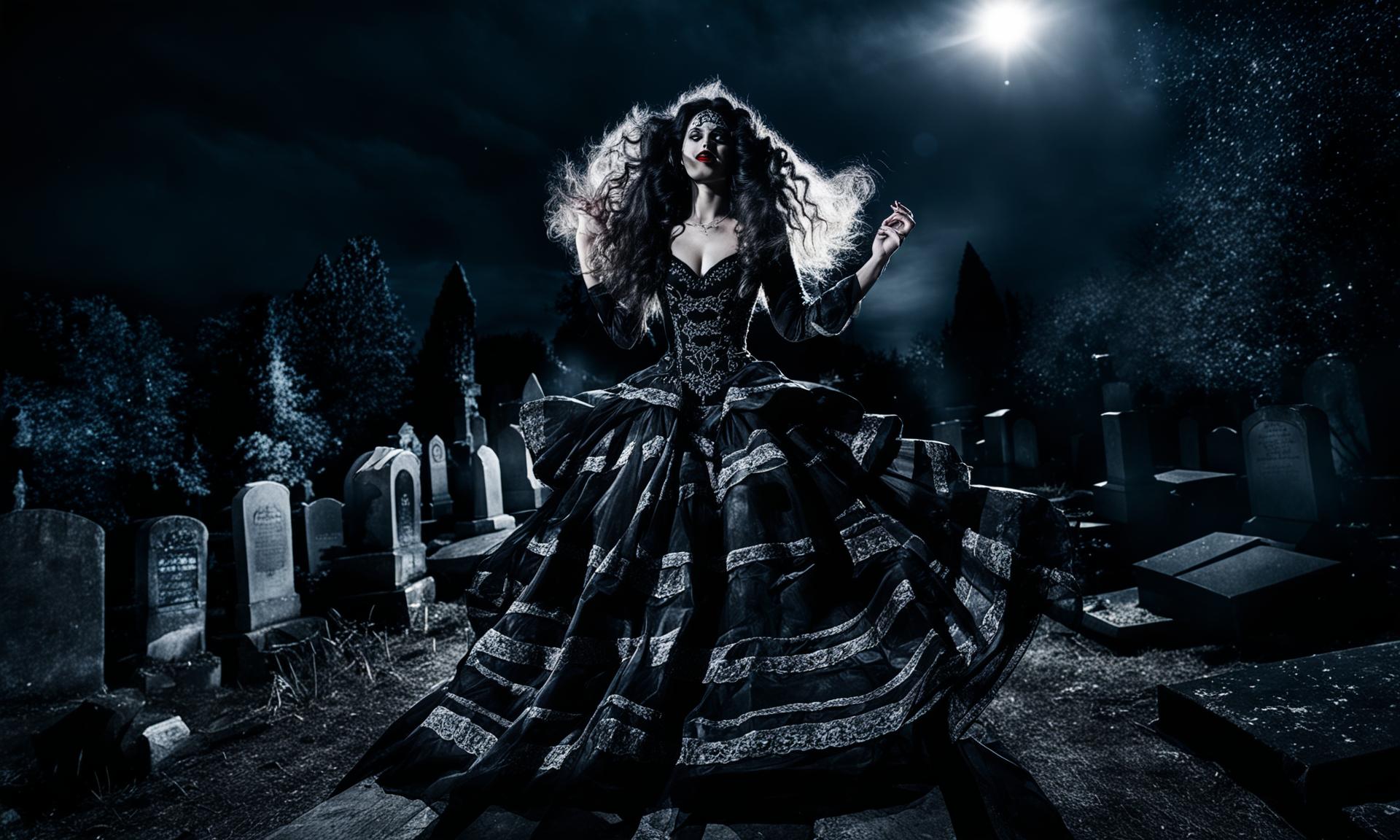 A beautiful young woman with symmetrical facial features in a Rococo-style black wedding dress dances ethereally in an ancient graveyard