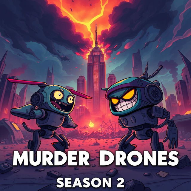 A vibrant and intense scene from a futuristic animated series titled 'Murder Drones Season 2', showcasing a dystopian landscape