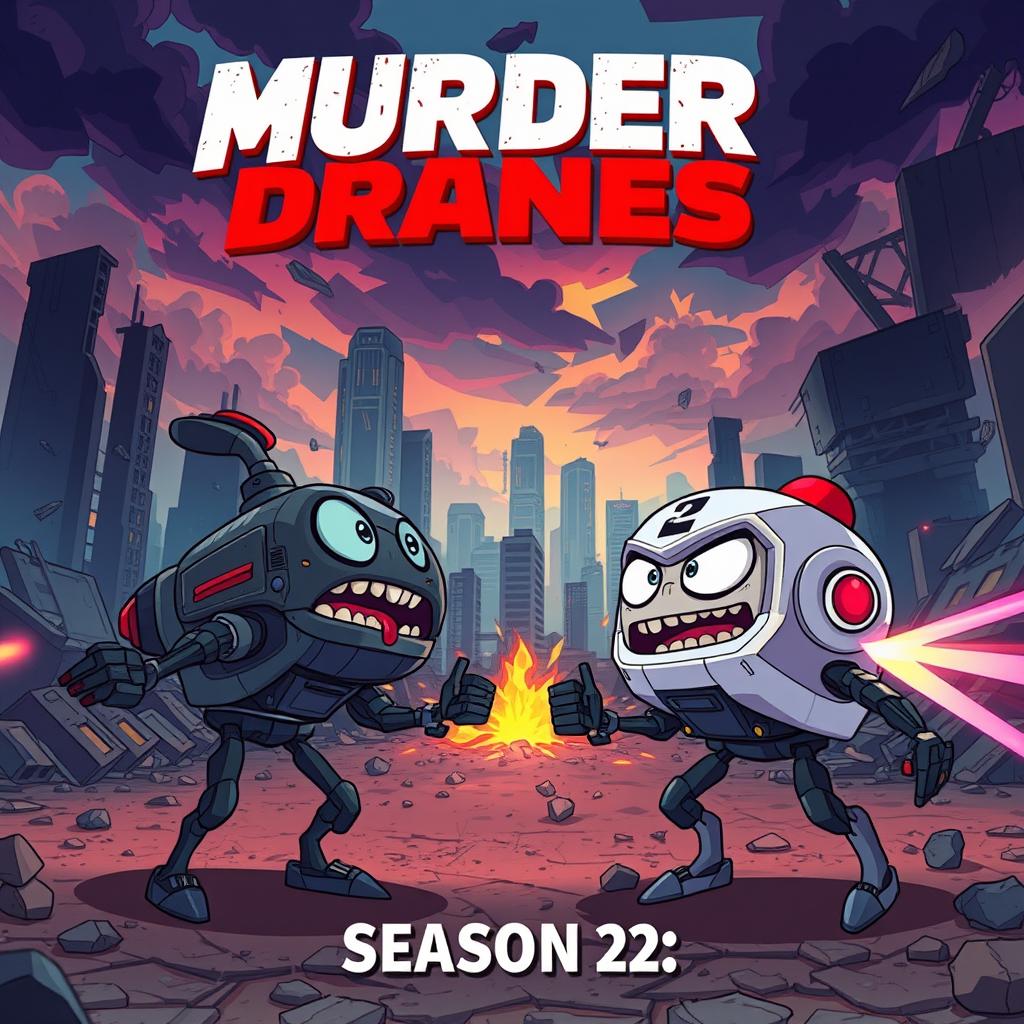 A vibrant and intense scene from a futuristic animated series titled 'Murder Drones Season 2', showcasing a dystopian landscape