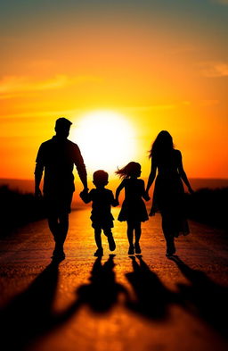 A beautifully composed silhouette of a family walking hand in hand, capturing the essence of togetherness and unity