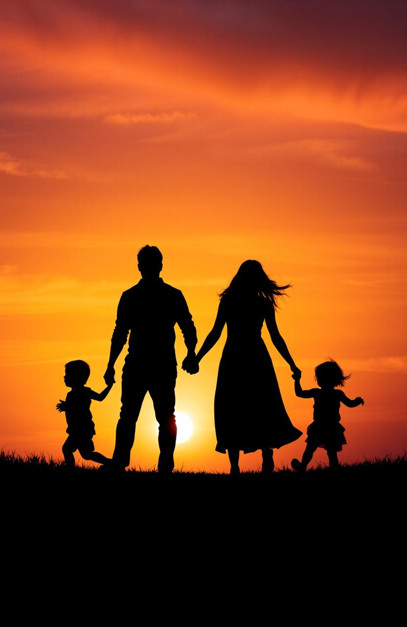 A beautifully composed silhouette of a family walking hand in hand, capturing the essence of togetherness and unity