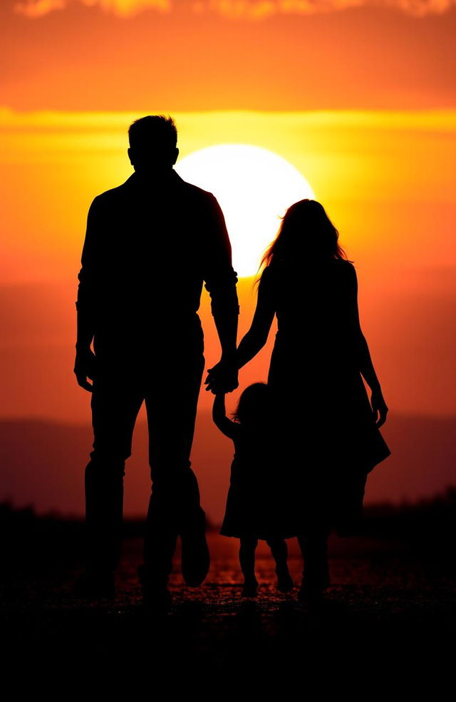 A beautifully composed silhouette of a family walking hand in hand, capturing the essence of togetherness and unity