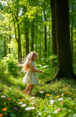 A serene and enchanting scene set in a lush, green forest