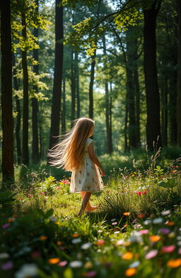 A serene and enchanting scene set in a lush, green forest