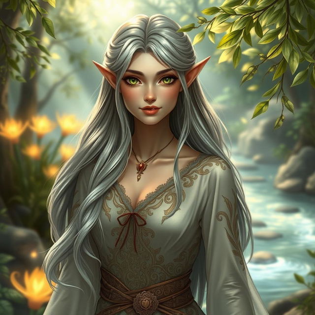 A stunning half-elf with a graceful and enchanting appearance, featuring pointed ears and striking green eyes