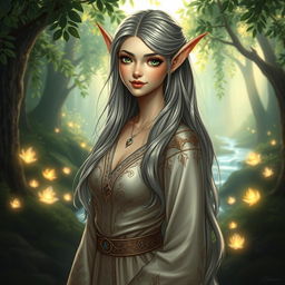 A stunning half-elf with a graceful and enchanting appearance, featuring pointed ears and striking green eyes