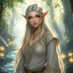 A stunning half-elf with a graceful and enchanting appearance, featuring pointed ears and striking green eyes