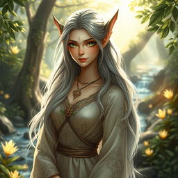 A stunning half-elf with a graceful and enchanting appearance, featuring pointed ears and striking green eyes