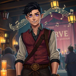 A charismatic half-elf bard man with short black hair and striking purple eyes that radiate charm and confidence