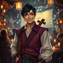 A charismatic half-elf bard man with short black hair and striking purple eyes that radiate charm and confidence