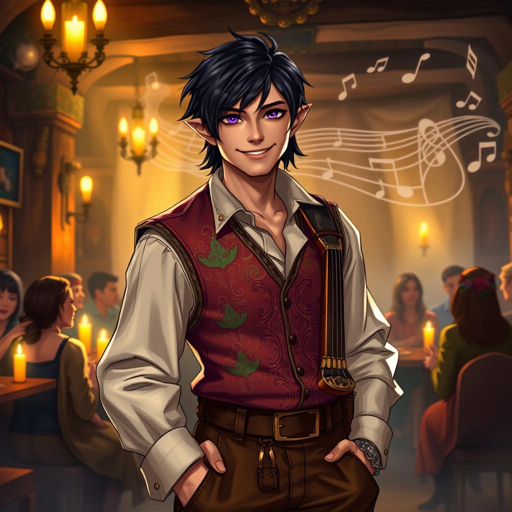 A charismatic half-elf bard man with short black hair and striking purple eyes that radiate charm and confidence