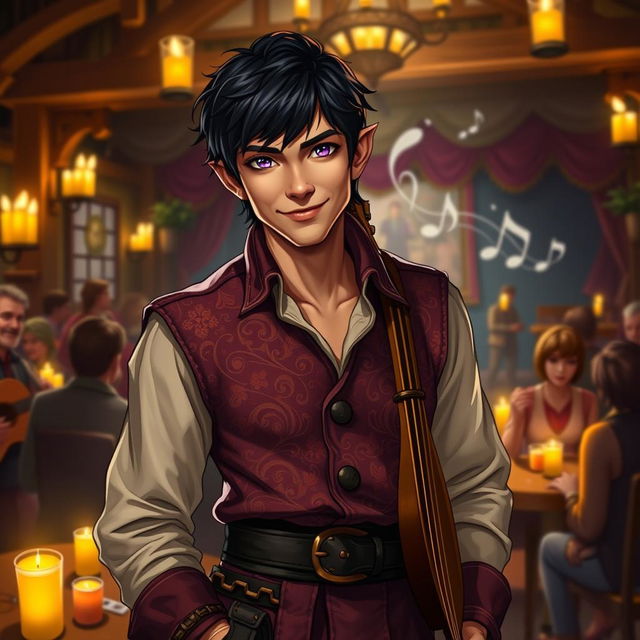 A charismatic half-elf bard man with short black hair and striking purple eyes that radiate charm and confidence