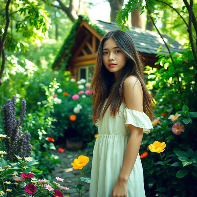 A young woman standing in a lush, vibrant forest filled with various plants and colorful flowers