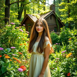 A young woman standing in a lush, vibrant forest filled with various plants and colorful flowers
