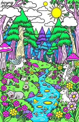 A vibrant and enchanting coloring book page featuring a fantastical forest scene filled with whimsical creatures like fairies, unicorns, and mystical animals