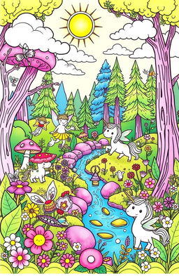 A vibrant and enchanting coloring book page featuring a fantastical forest scene filled with whimsical creatures like fairies, unicorns, and mystical animals