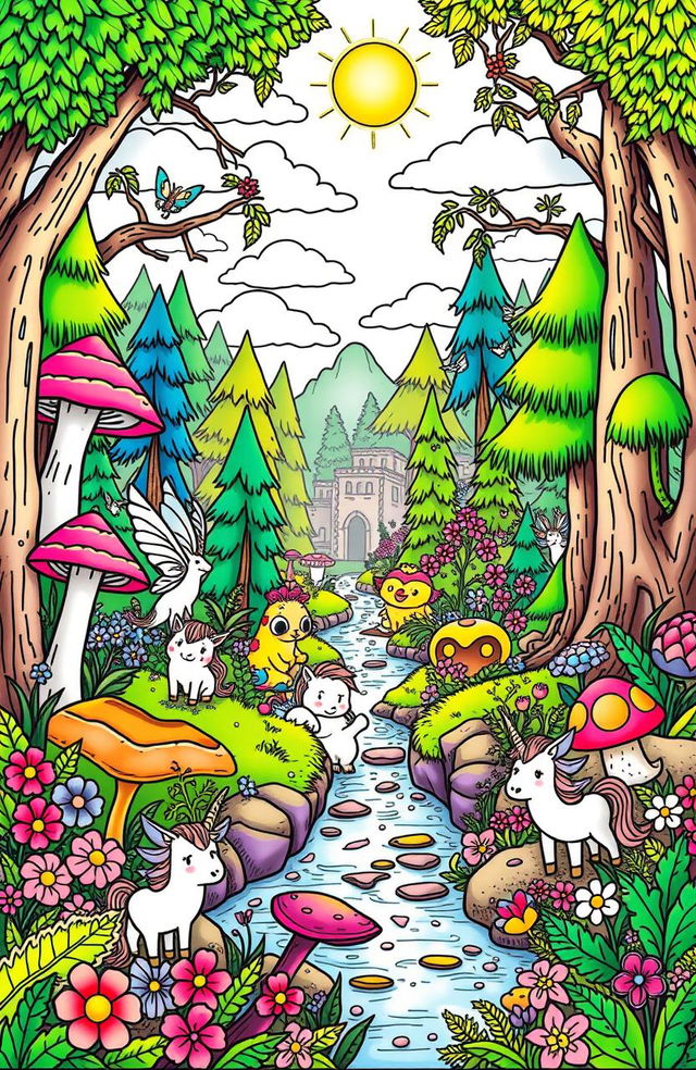 A vibrant and enchanting coloring book page featuring a fantastical forest scene filled with whimsical creatures like fairies, unicorns, and mystical animals