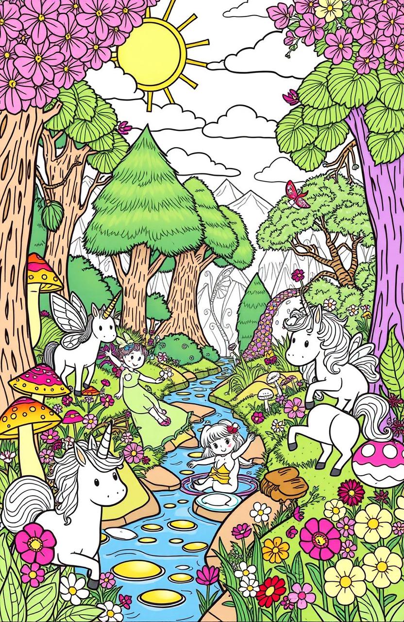 A vibrant and enchanting coloring book page featuring a fantastical forest scene filled with whimsical creatures like fairies, unicorns, and mystical animals