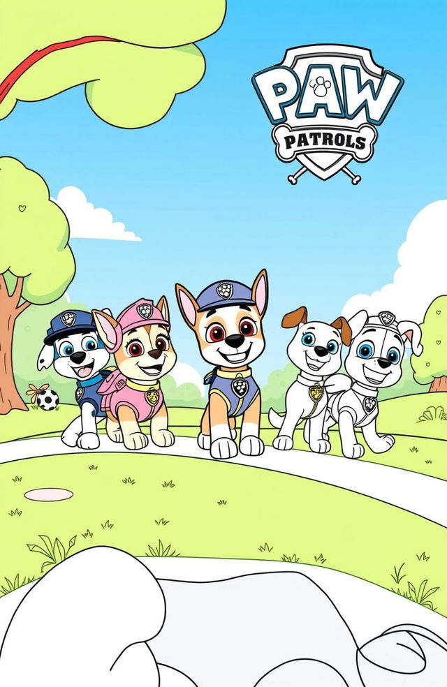 An imaginative coloring book page featuring the Paw Patrol characters in an adventurous scene