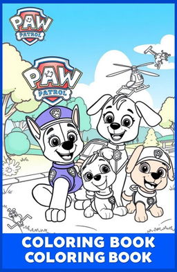 An imaginative coloring book page featuring the Paw Patrol characters in an adventurous scene