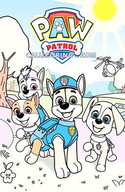 An imaginative coloring book page featuring the Paw Patrol characters in an adventurous scene