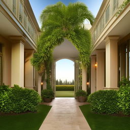 exquisite interior hallway leading out exterior of two-floor mansion