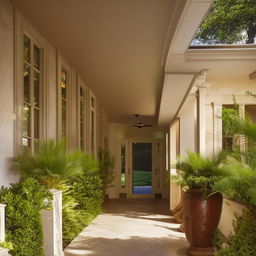 exquisite second-floor hallway leading out to exterior of mansion