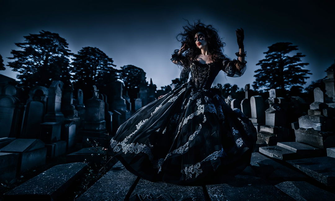 A beautiful young woman with symmetrical facial features in a Rococo-style black wedding dress dances ethereally in an ancient graveyard under the early dawn light