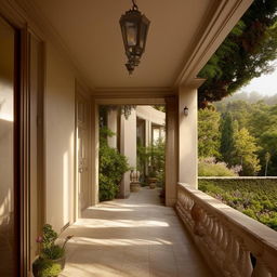 exquisite second-floor hallway leading out to exterior of mansion