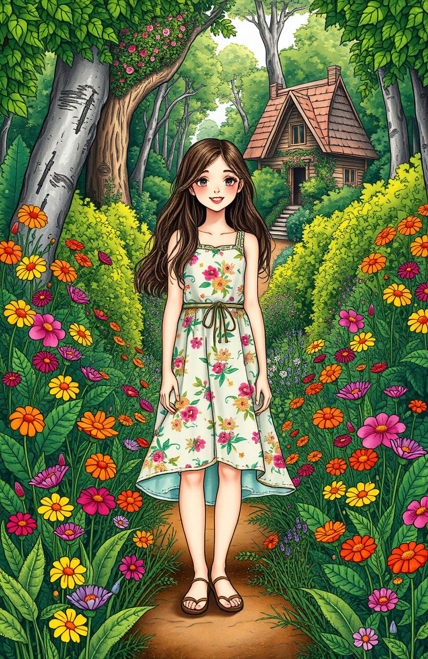 A young woman standing in a lush forest filled with a variety of colorful flowers and dense greenery, with a quaint house visible in the background