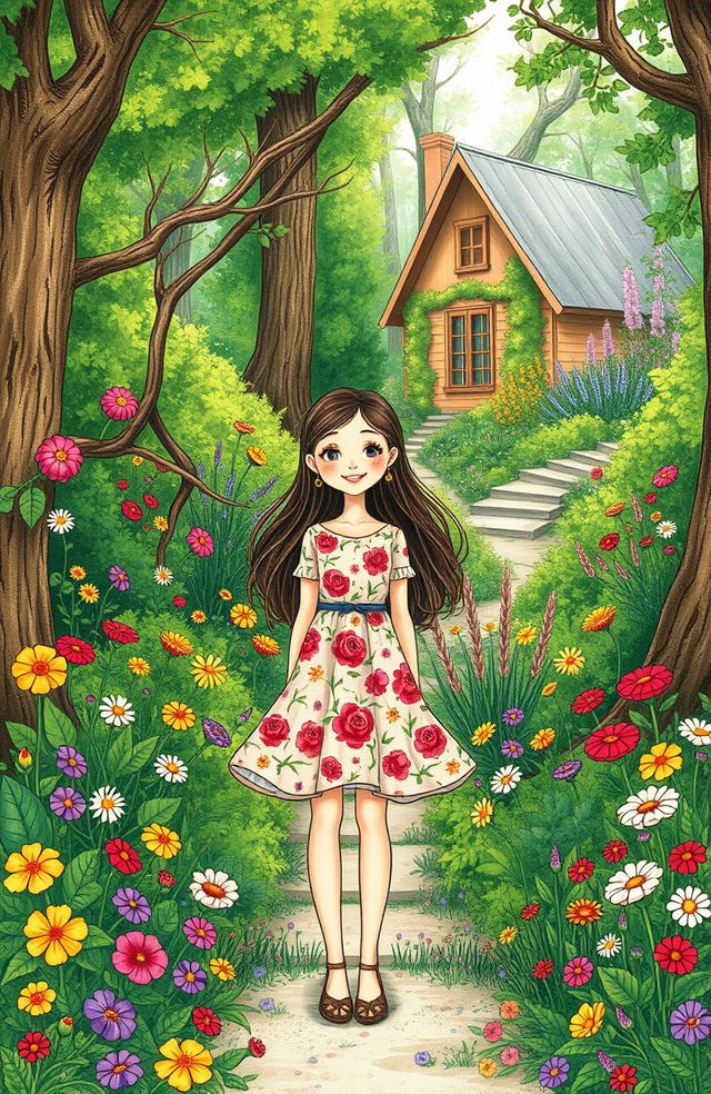 A young woman standing in a lush forest filled with a variety of colorful flowers and dense greenery, with a quaint house visible in the background