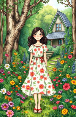 A young woman standing in a lush forest filled with a variety of colorful flowers and dense greenery, with a quaint house visible in the background