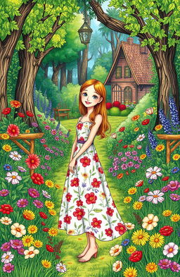 A young woman standing in a lush forest filled with a variety of colorful flowers and dense greenery, with a quaint house visible in the background