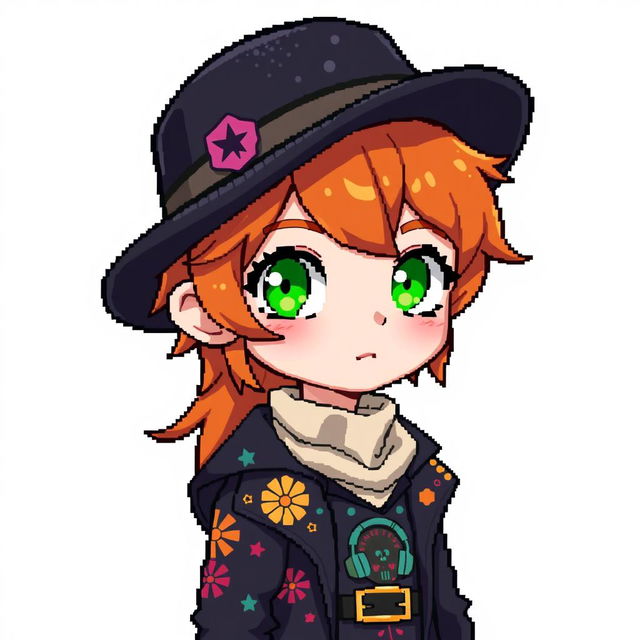 A ginger-haired boy, aged 16, illustrated in a captivating chibi pixel art style