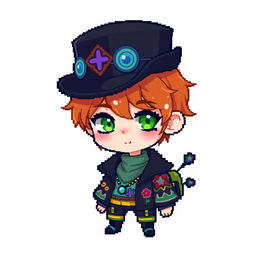 A ginger-haired boy, aged 16, illustrated in a captivating chibi pixel art style