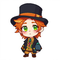 A ginger-haired boy, aged 16, illustrated in a captivating chibi pixel art style