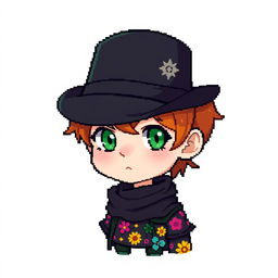 A ginger-haired boy, aged 16, illustrated in a captivating chibi pixel art style