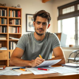 A typical American, confidently sitting at a desk in a well-lit room, taking an IQ test