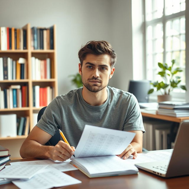 A typical American, confidently sitting at a desk in a well-lit room, taking an IQ test