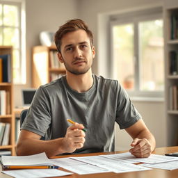 A typical American, confidently sitting at a desk in a well-lit room, taking an IQ test