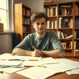 A typical American, confidently sitting at a desk in a well-lit room, taking an IQ test
