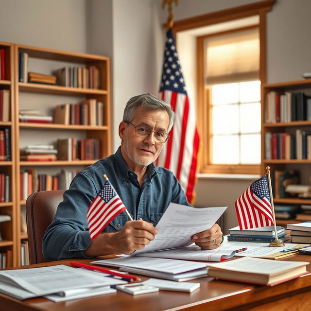 A typical American proudly taking an IQ test while seated at a desk adorned with a small American flag