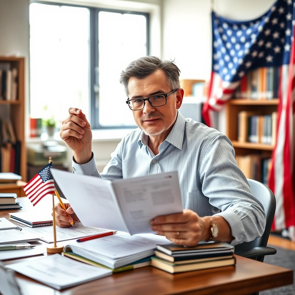 A typical American proudly taking an IQ test while seated at a desk adorned with a small American flag