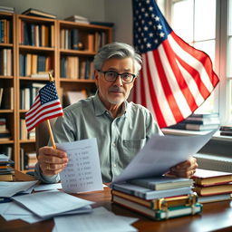 A typical American proudly taking an IQ test while seated at a desk adorned with a small American flag