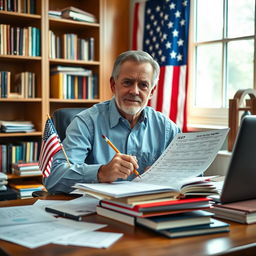 A typical American proudly taking an IQ test while seated at a desk adorned with a small American flag